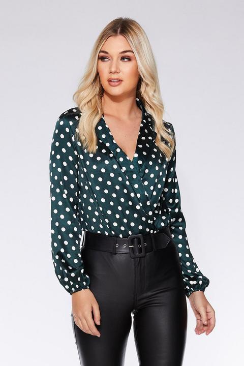 Bottle Green And Cream Satin Polka Dot Bodysuit