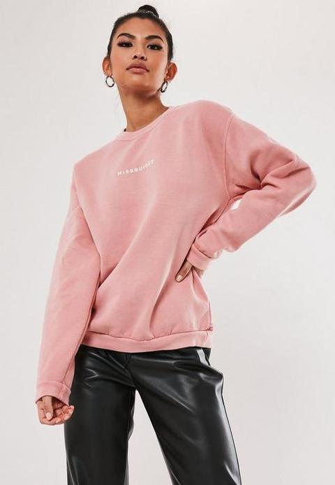 Coral Missguided Slogan Washed Sweatshirt, Coral