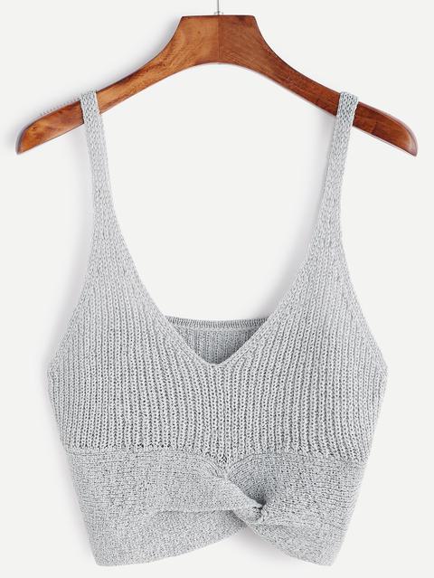 Grey Twist Front Crop Knit Cami Top