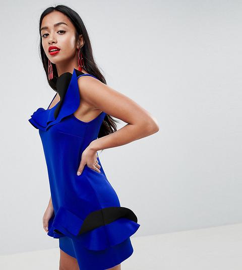 Asos Design Petite - Vestito In Tessuto Accoppiato Con Volant Sulle Spalle E Sul Fondo - Blu