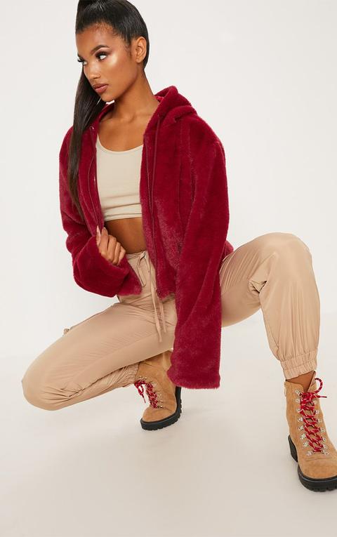 Burgundy Cropped Faux Fur Zip Through Hoodie