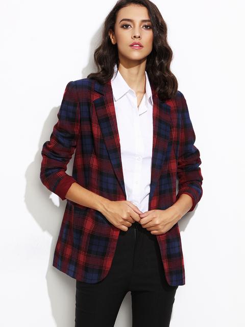 Blazer Tartan Aperto A Fronte Rosso E Marino