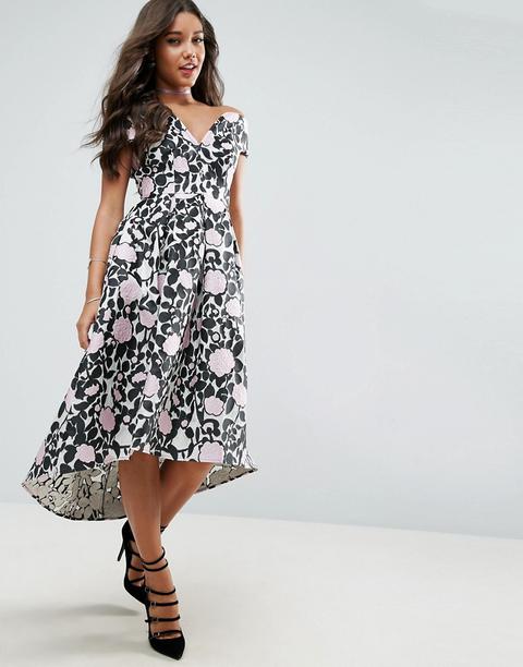 Vestido De Graduación Midi Con Escote Bardot Y Espalda Baja Con Estampado Floral De Asos