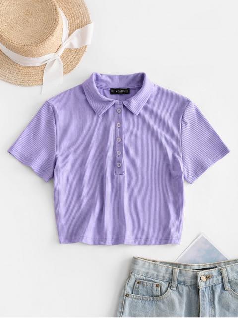 Zaful Camiseta Corta Acanalada Con Media Botón White Mist Blue Purple Pink