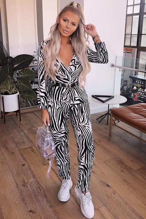 Zebra Plunge Tie Waist Jumpsuit - Ellajane