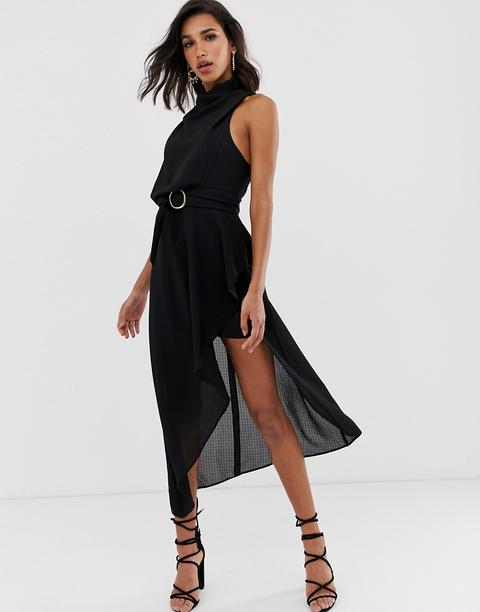 Vestido Midi En Tejido Texturizado Con Cuello Drapeado Y Cinturón Del Mismo Tejido De Asos Design-negro
