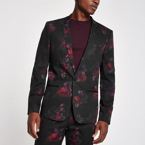 Black Floral Skinny Suit Jacket