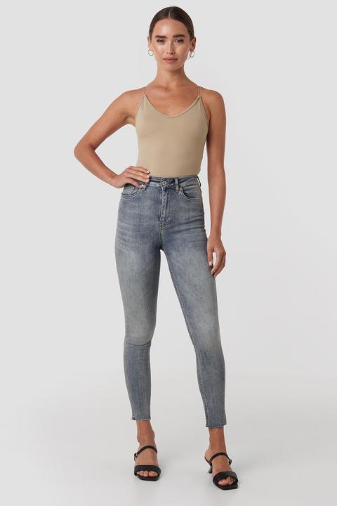 Skinny High Waist Raw Hem Jeans Blau