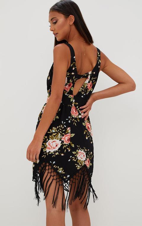 black floral tassel hem midi dress