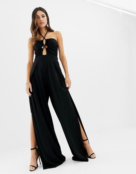 Asos Design - Tuta Jumpsuit Con Incrocio Sul Davanti E Spacco Sulla Gamba - Nero