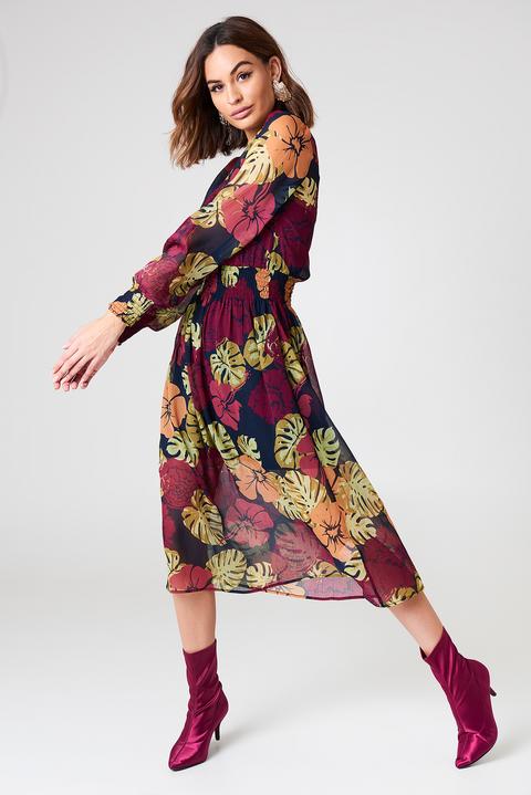 Na-kd Boho Shirred Detail Midi Dress - Multicolor