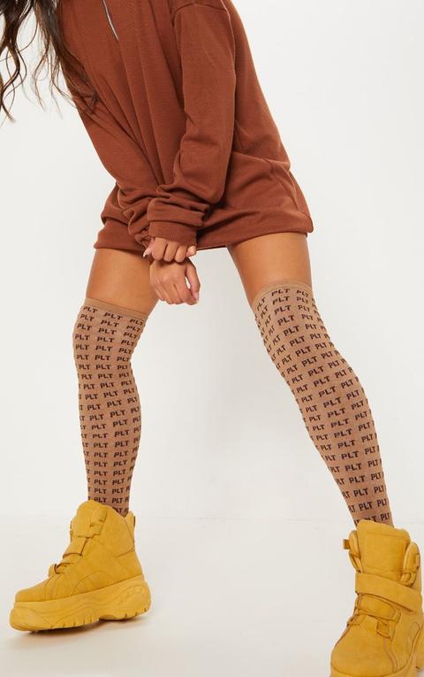 Prettylittlething Logo Brown Knee Length Socks