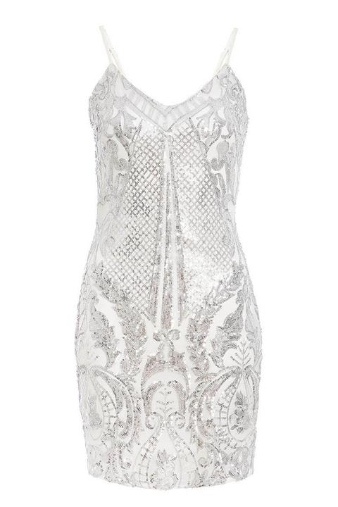 white and silver sequin bodycon dress