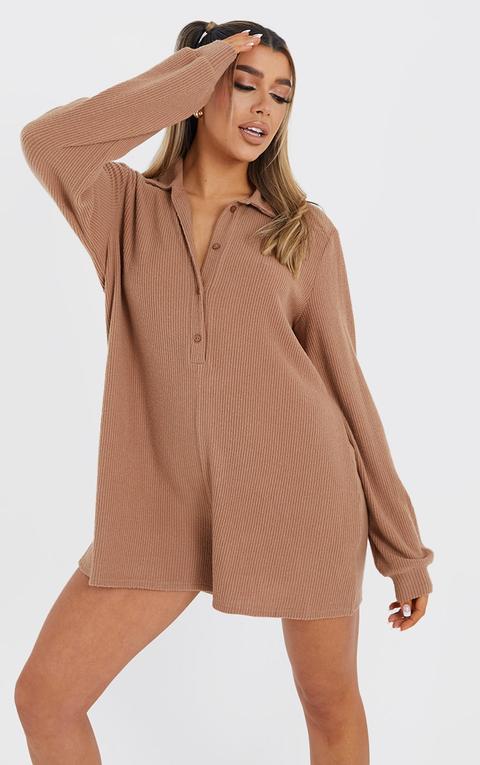 Camel Brushed Rib Oversized Shirt Playsuit