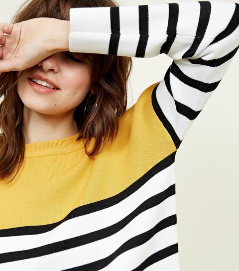 Mustard Stripe Colour Block Jumper New Look