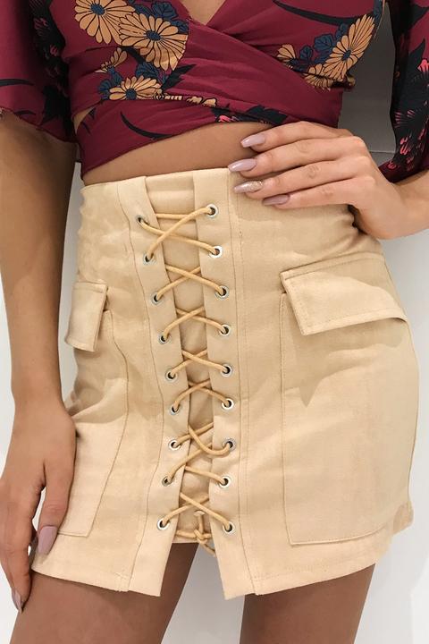 Miranda Beige Suede Lace Up Mini Skirt