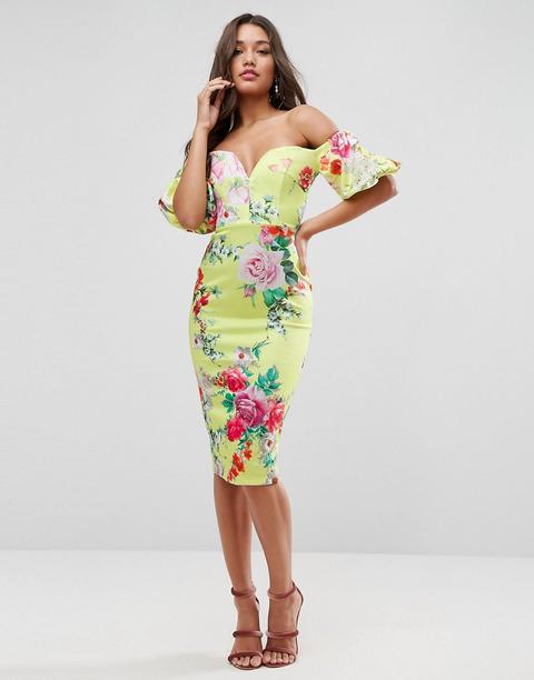 Vestido Midi Con Escote Bardot Y Mangas Abombadas Con Estampado Floral De Asos Premium