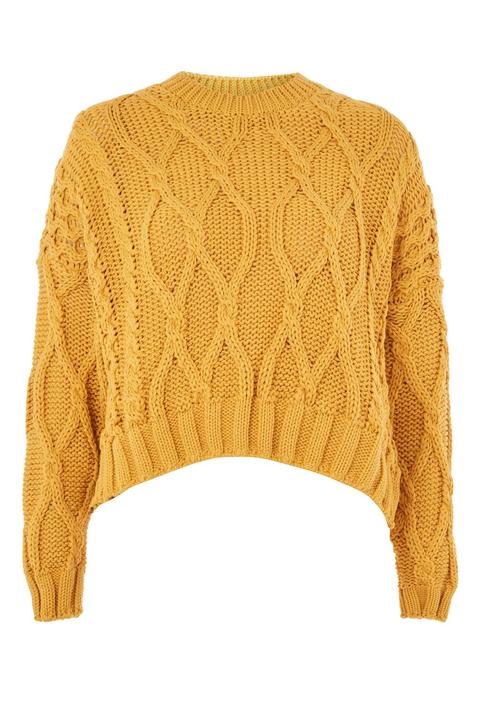 Womens Cropped Cable Jumper - Mustard, Mustard