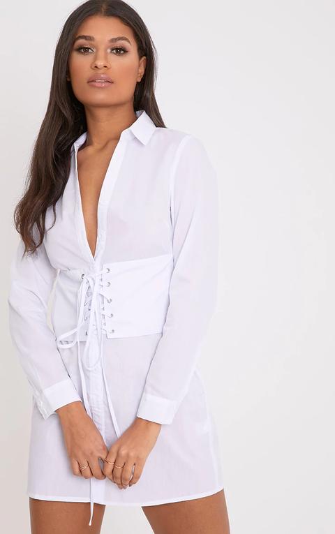 Willow White Corset Lace Up Open Shirt Dress, White