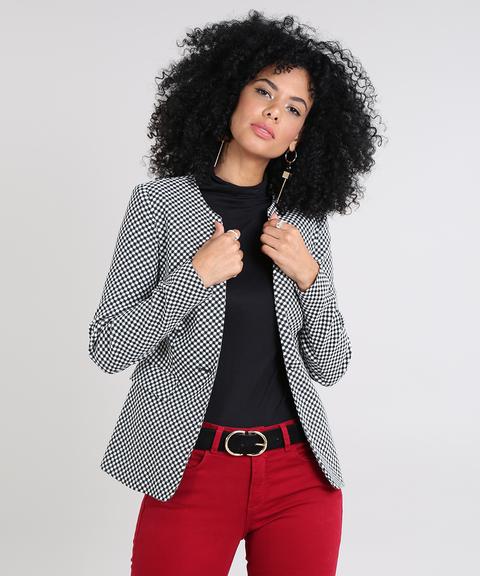 Blazer Feminino Estampado Xadrez Com Bolsos Preto