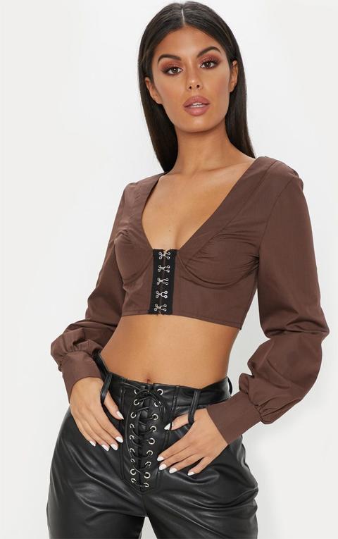 Chocolate Hook And Eye Plunge Long Sleeve Crop Top