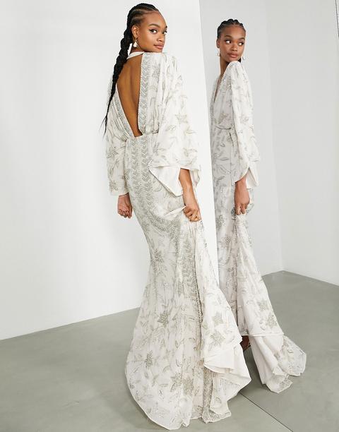 Vestido De Novia Color Ostra Con Diseño Floral Y Detalle De Cuentas Lucille De Asos Edition-blanco