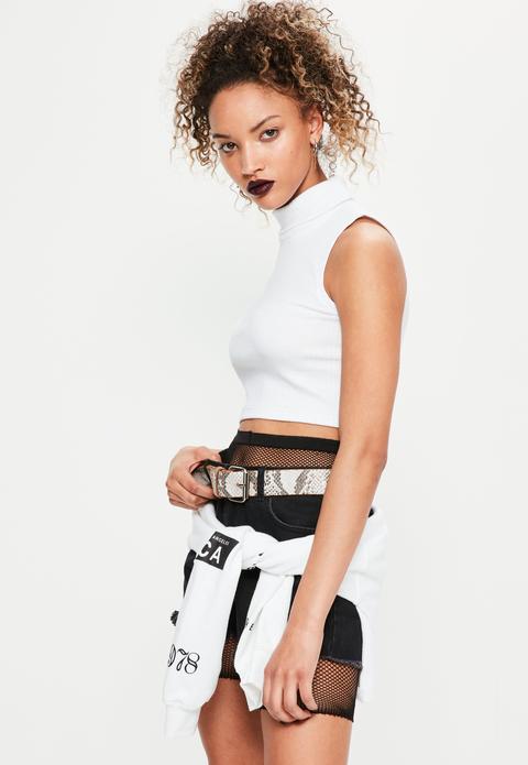 White Sleeveless Roll Neck Ribbed Crop Top