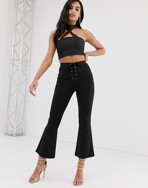 Asos Design - Pantalon Évasé En Maille Point De Rome Avec Laçage - Noir