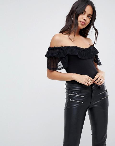 Asos - Top A Coste Con Spalle Scoperte E Pizzo - Nero