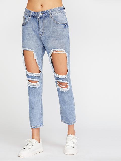 Light Blue Cutout Jeans Strappati
