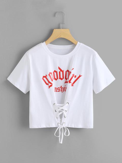 Lace Up Front Letter Print Tee