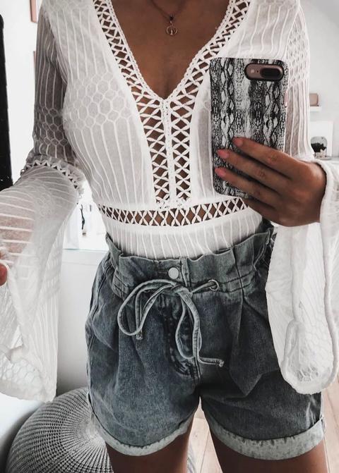 Lace-up Panel Detail Bell Sleeve Bodysuit