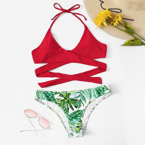 Set Bikini Top Halter Incrociato E Stampa Palma