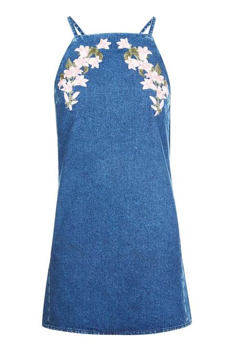 Moto Embroidered Denim Pinafore Dress