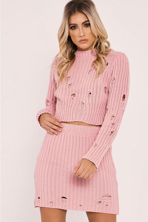 Ivey Pink Distressed Knit Top And Skirt