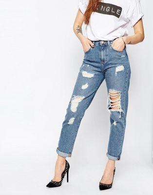 Asos - Waterfall - Jeans Lavaggio Stone Wash Medio Con Vestibilità Mom Fit Originale E Strappi