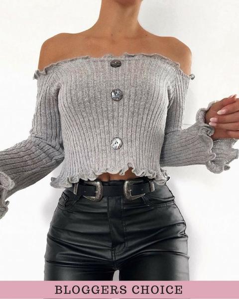 Remy Button Front Knitted Bardot Crop Top In Grey