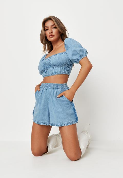 Short En Denim Bleu À Ourlet Volanté À Assortir