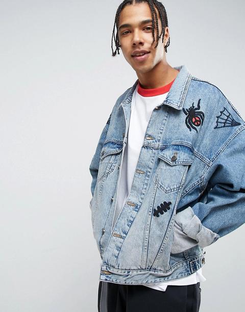 Asos X Lot Stock - Giacca Di Jeans Oversize Blu Slavato Con Ricamo - Blu