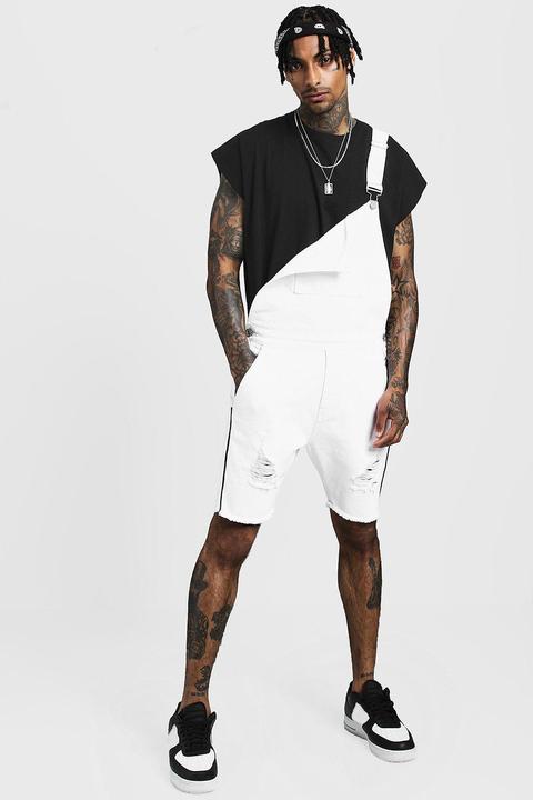 Mens White Slim Fit Short Length Distressed Dungarees, White