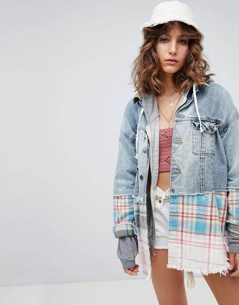 Free People - Sirius - Jeansjacke In Denim-mix Mit Schottenkaros - Mehrfarbig