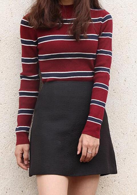 Maglione A Righe Manica Lunga Vino Rosso