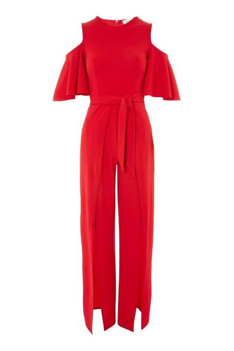 red cold shoulder jumpsuit