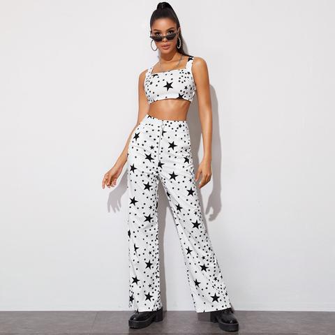 Star Print Crop Cami Top & O-ring Zip Fly Trousers Set