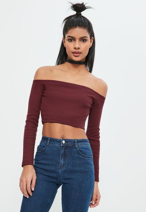 Burgundy Ribbed Bardot Long Sleeved Crop Top, Red