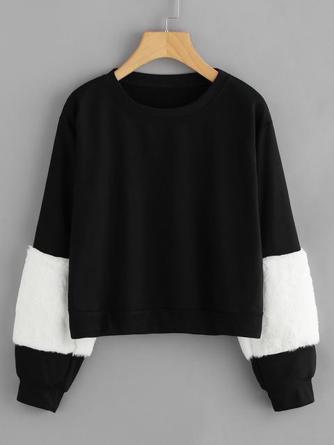 Color Block Faux Fur Sleeve Sweatshirt