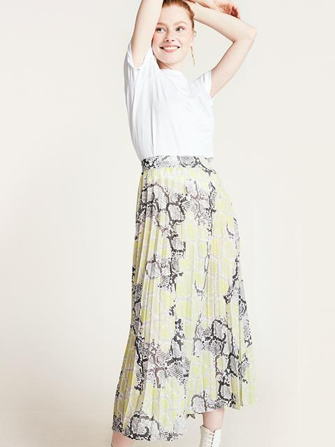 Neon Yellow Reptile Pleated Midi Skirt