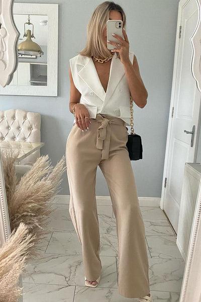 Stone Waist Cut Out Wide Leg Trousers - Adela