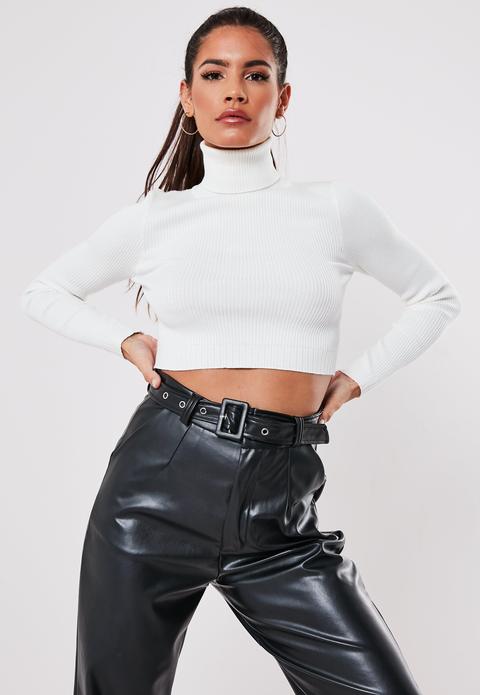 Crop Top Blanc Basique Côtelé À Col Roulé
