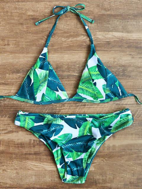 Green Leaf Print Triangle Bikini Set